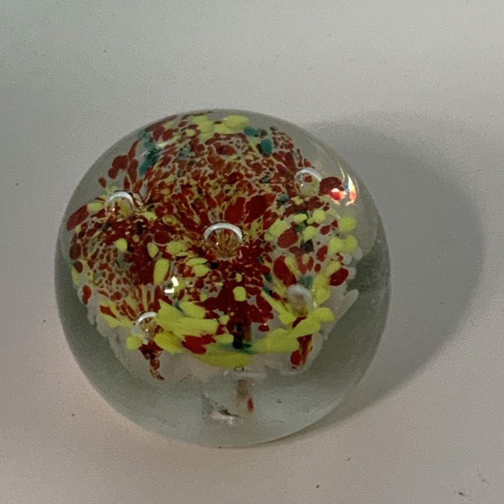 Vintage Hand Blown Art Glass Multicolor Paperweight Red Yellow Flowers Bubble